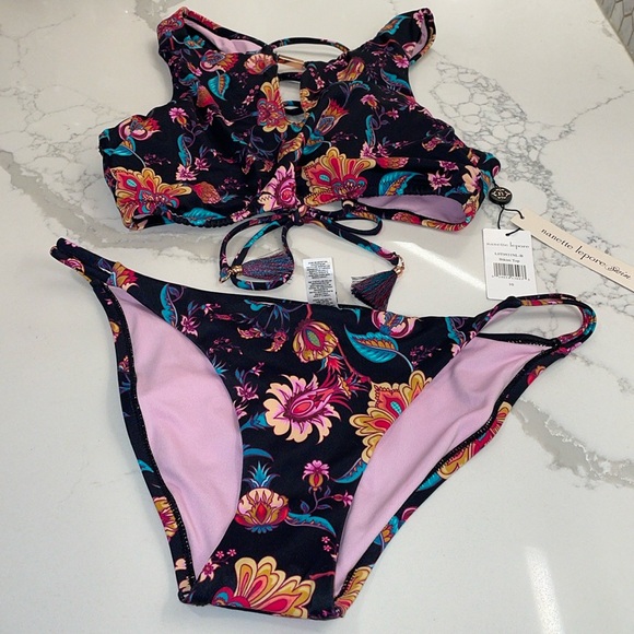 Nanette Lepore swim Bikini Floral print Black Aqua Pink 10 misses - Picture 2 of 12